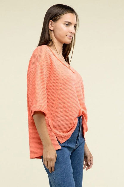 ZENANA Brushed Waffle Exposed-Seam 3/4 Sleeve Top - us.meeeshop