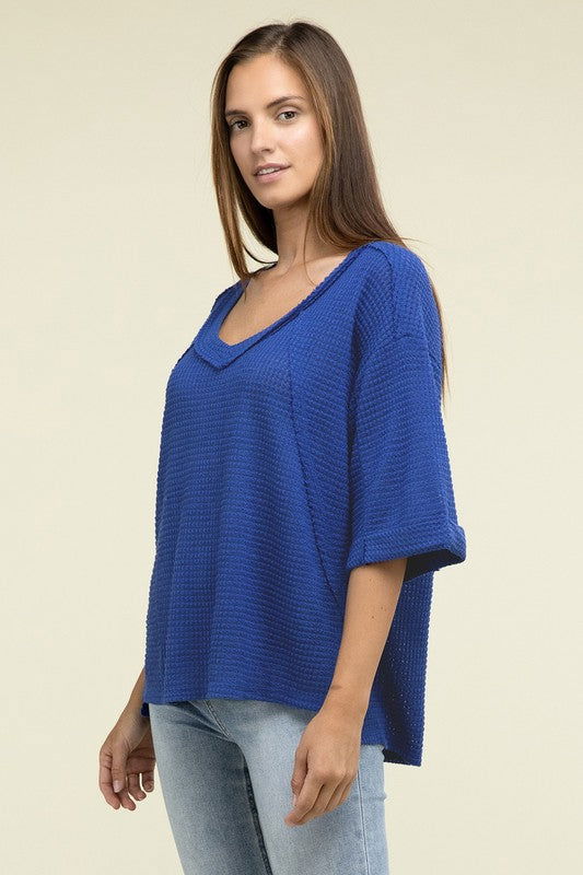 ZENANA Brushed Waffle Exposed-Seam 3/4 Sleeve Top - us.meeeshop