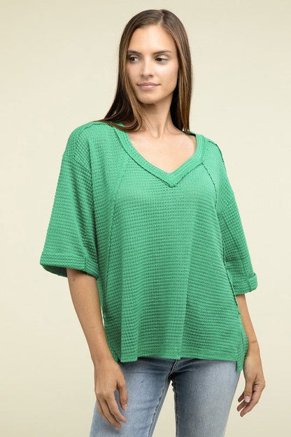 ZENANA Brushed Waffle Exposed-Seam 3/4 Sleeve Top - us.meeeshop