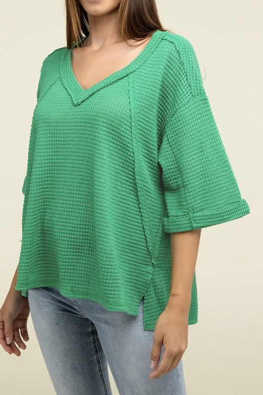 ZENANA Brushed Waffle Exposed-Seam 3/4 Sleeve Top - us.meeeshop