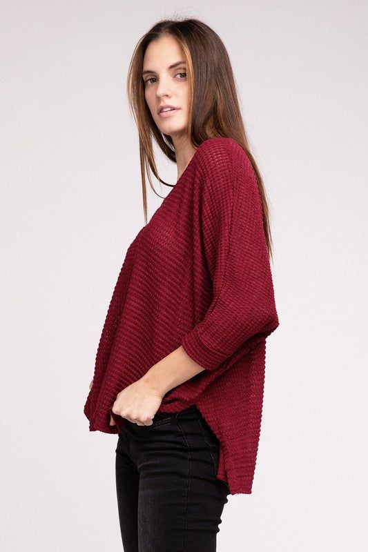 3/4 Sleeve V-Neck Hi-Low Hem Jacquard Sweater | us.meeeshop