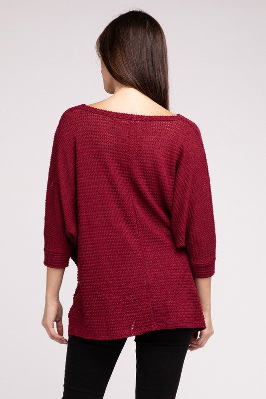 3/4 Sleeve V-Neck Hi-Low Hem Jacquard Sweater | us.meeeshop