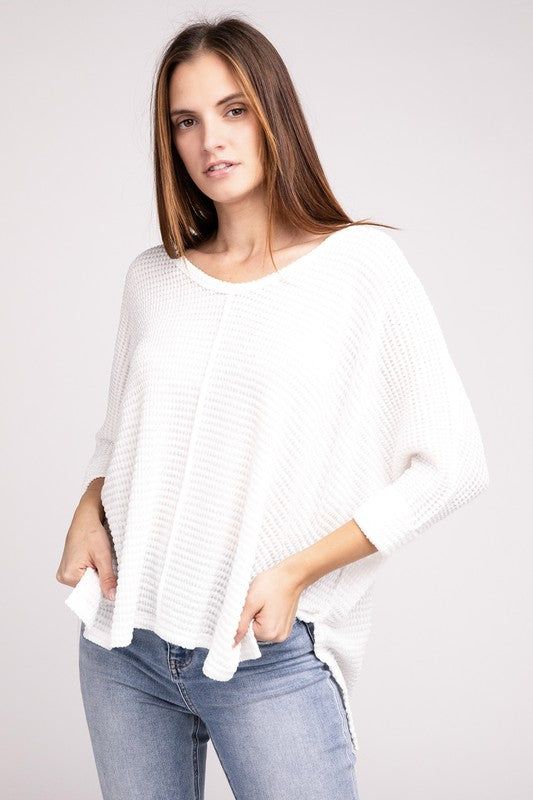 3/4 Sleeve V-Neck Hi-Low Hem Jacquard Sweater | us.meeeshop