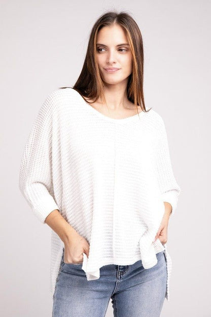 3/4 Sleeve V-Neck Hi-Low Hem Jacquard Sweater | us.meeeshop