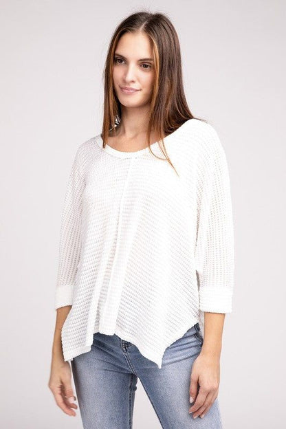 3/4 Sleeve V-Neck Hi-Low Hem Jacquard Sweater | us.meeeshop