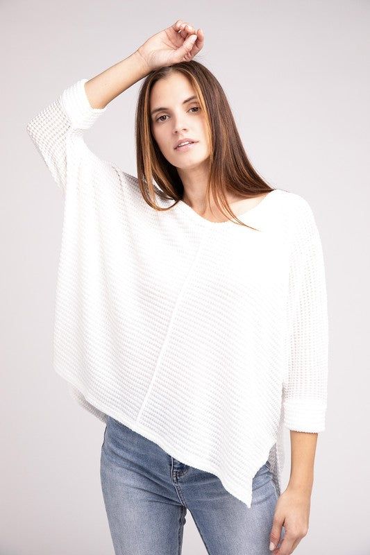 3/4 Sleeve V-Neck Hi-Low Hem Jacquard Sweater | us.meeeshop