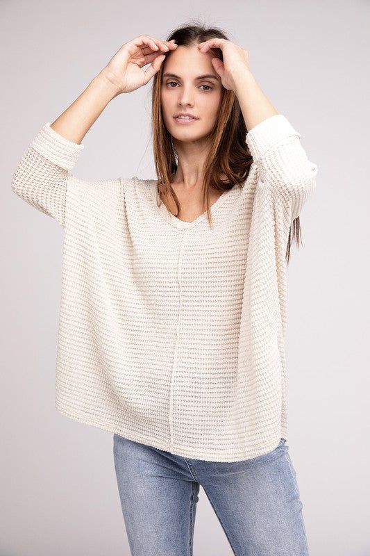 3/4 Sleeve V-Neck Hi-Low Hem Jacquard Sweater | us.meeeshop