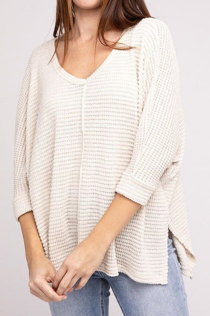 3/4 Sleeve V-Neck Hi-Low Hem Jacquard Sweater | us.meeeshop