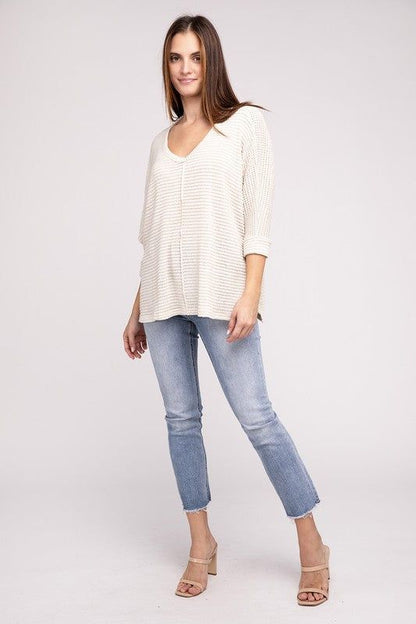 3/4 Sleeve V-Neck Hi-Low Hem Jacquard Sweater | us.meeeshop