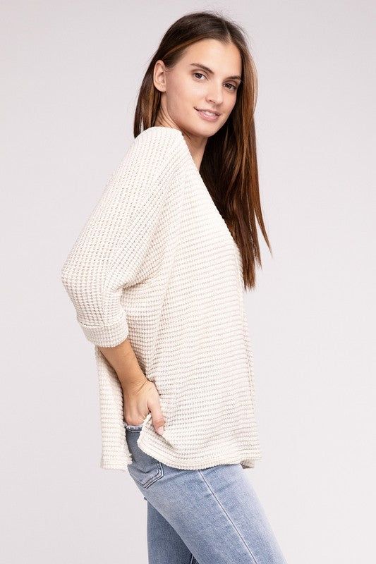 3/4 Sleeve V-Neck Hi-Low Hem Jacquard Sweater | us.meeeshop