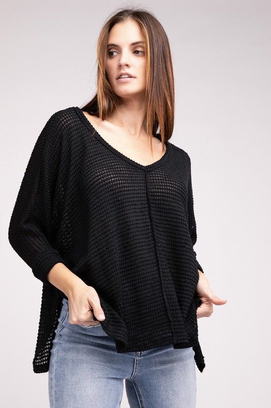 3/4 Sleeve V-Neck Hi-Low Hem Jacquard Sweater | us.meeeshop