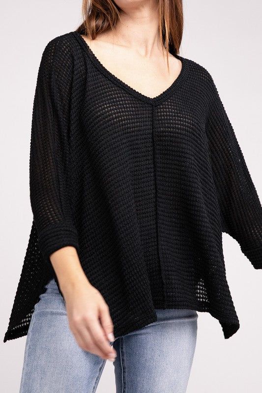 3/4 Sleeve V-Neck Hi-Low Hem Jacquard Sweater | us.meeeshop