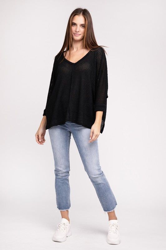 3/4 Sleeve V-Neck Hi-Low Hem Jacquard Sweater | us.meeeshop