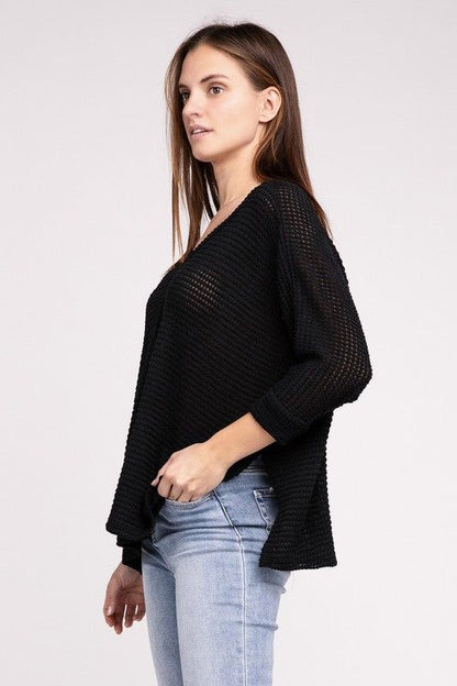 3/4 Sleeve V-Neck Hi-Low Hem Jacquard Sweater | us.meeeshop