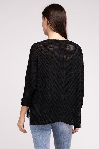 3/4 Sleeve V-Neck Hi-Low Hem Jacquard Sweater | us.meeeshop