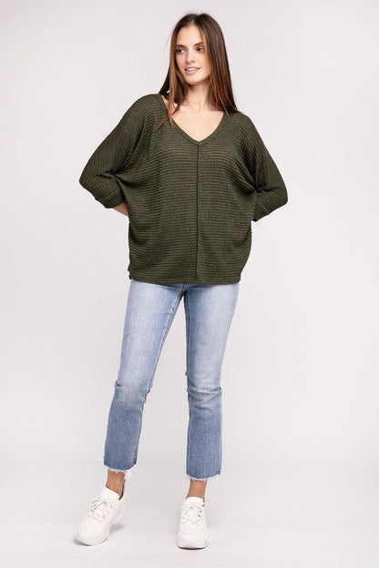 3/4 Sleeve V-Neck Hi-Low Hem Jacquard Sweater | us.meeeshop