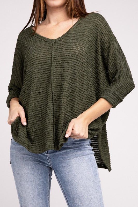 3/4 Sleeve V-Neck Hi-Low Hem Jacquard Sweater | us.meeeshop