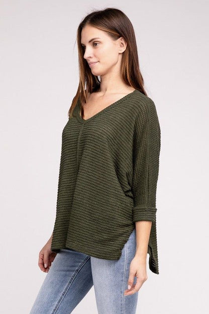 3/4 Sleeve V-Neck Hi-Low Hem Jacquard Sweater | us.meeeshop