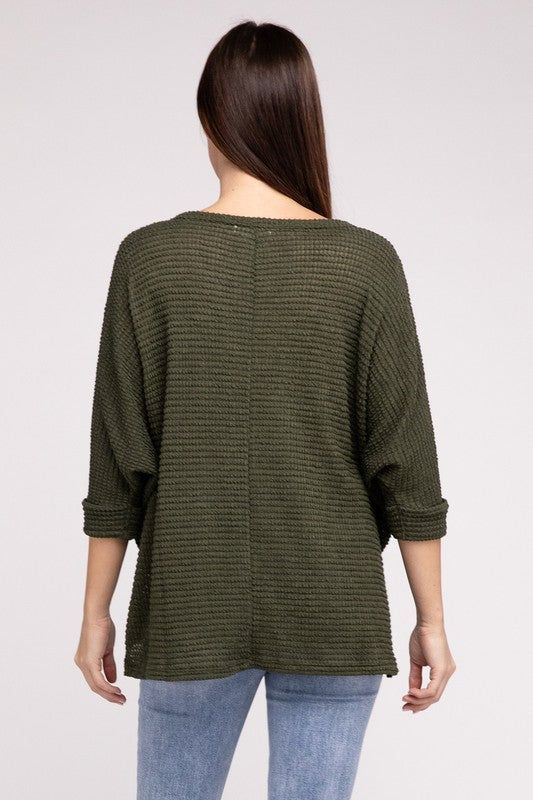 3/4 Sleeve V-Neck Hi-Low Hem Jacquard Sweater | us.meeeshop