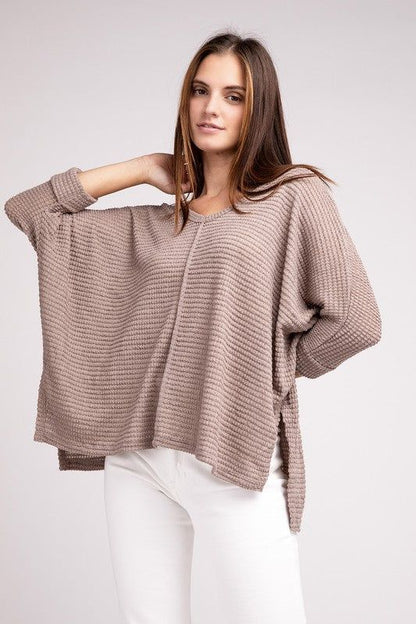 3/4 Sleeve V-Neck Hi-Low Hem Jacquard Sweater | us.meeeshop