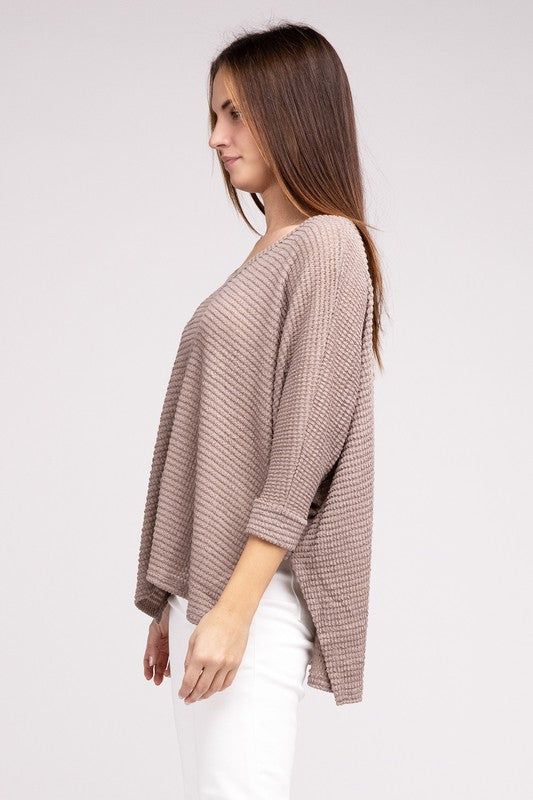 3/4 Sleeve V-Neck Hi-Low Hem Jacquard Sweater | us.meeeshop