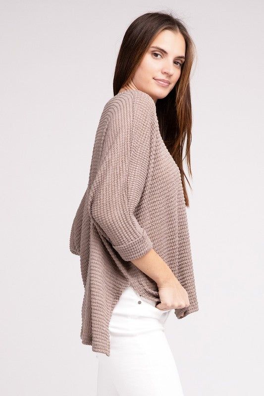 3/4 Sleeve V-Neck Hi-Low Hem Jacquard Sweater | us.meeeshop