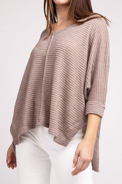 3/4 Sleeve V-Neck Hi-Low Hem Jacquard Sweater | us.meeeshop