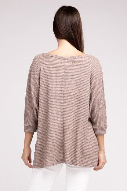 3/4 Sleeve V-Neck Hi-Low Hem Jacquard Sweater | us.meeeshop