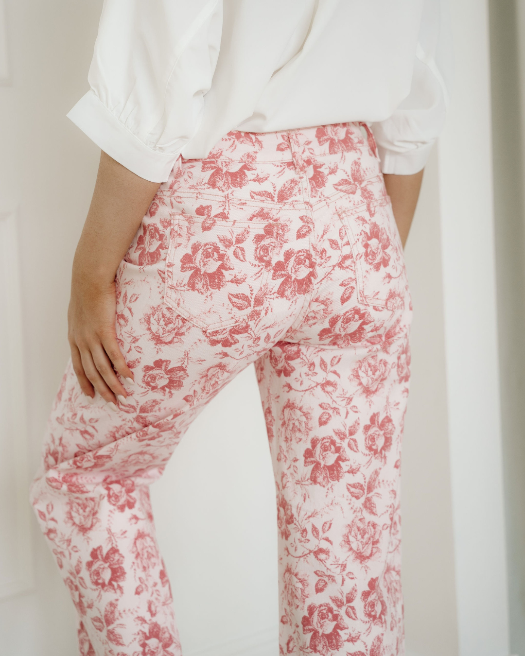 pink vintage floral Pink Vintage Floral Print Denim Shift Pants view 5 (dress) - shop at us.meeeshop