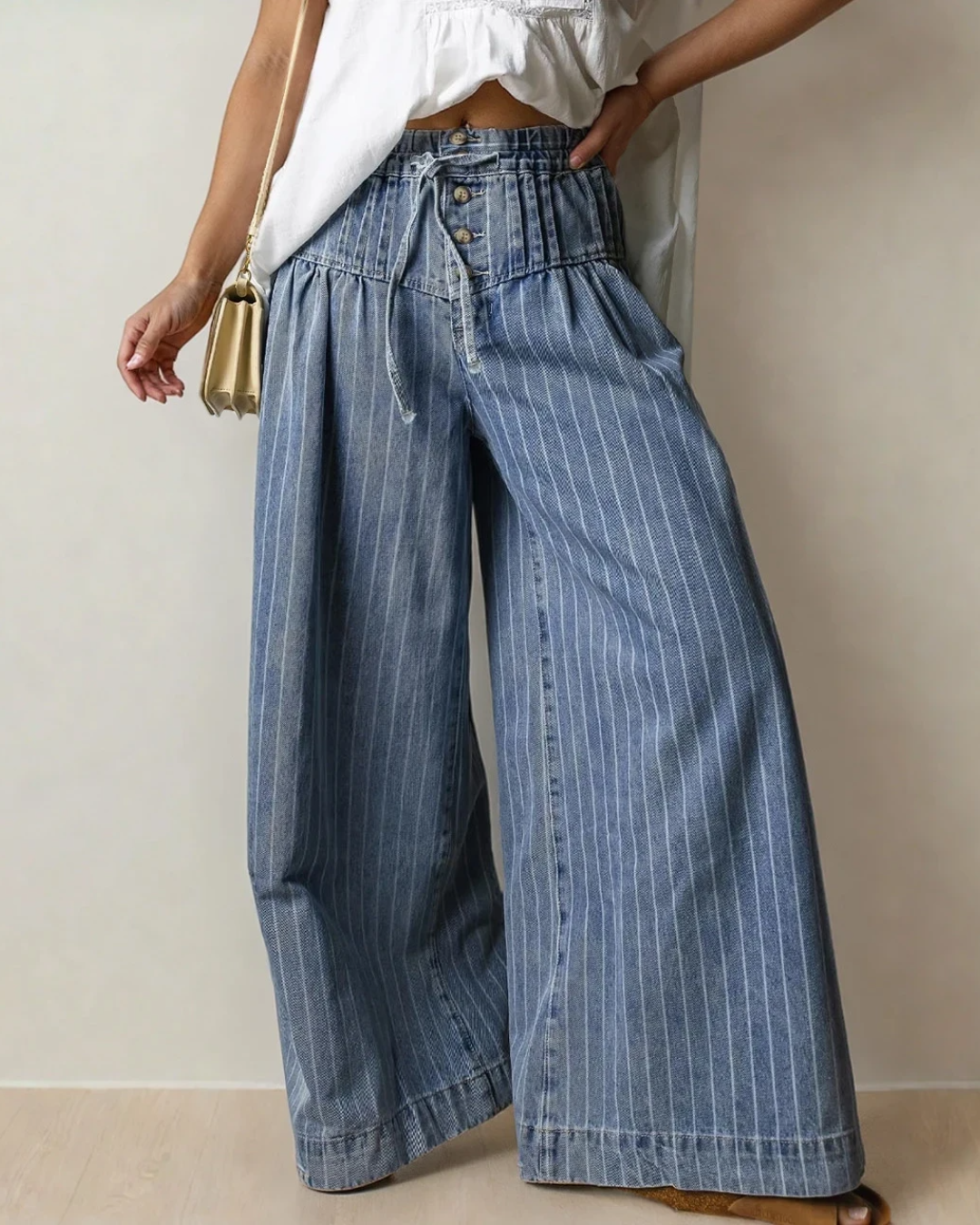 cora stripe button Cora Stripe Button Pleated Drawstring Waist Casual Wide Leg Jeans Sky Blue Stripe (bottom) - shop at us.me