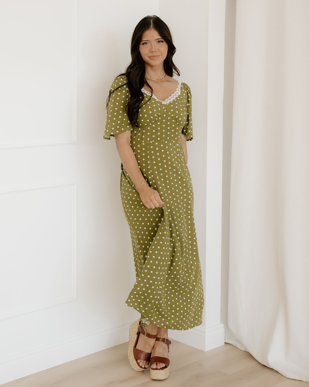 maleah polka dot Maleah Polka Dot Print Lacy Neckline Smocked High Waist Maxi Dress view 4 (dress) - shop at us.meeeshop