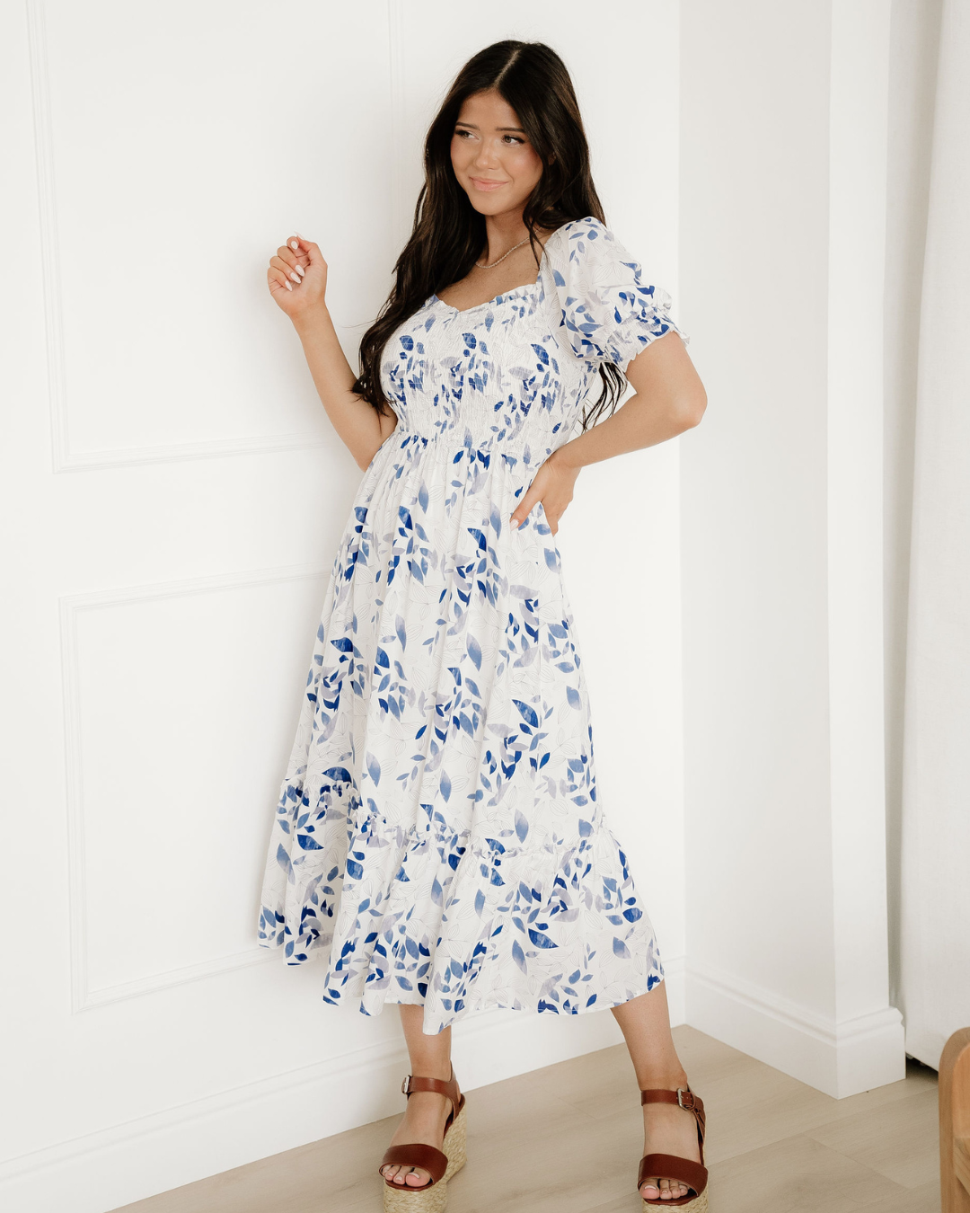 faith smocked bodice Faith Smocked Bodice Short Puff Sleeve Tiered Floral Midi Dress view 2 (dress) - shop at us.meeeshop