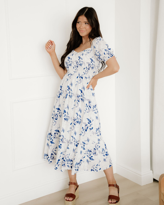 faith smocked bodice Faith Smocked Bodice Short Puff Sleeve Tiered Floral Midi Dress view 2 (dress) - shop at us.meeeshop