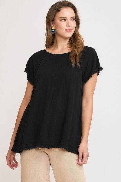 Umgee Seam Detail Linen Ruffle Fringe Edge Top Plus Size - us.meeeshop