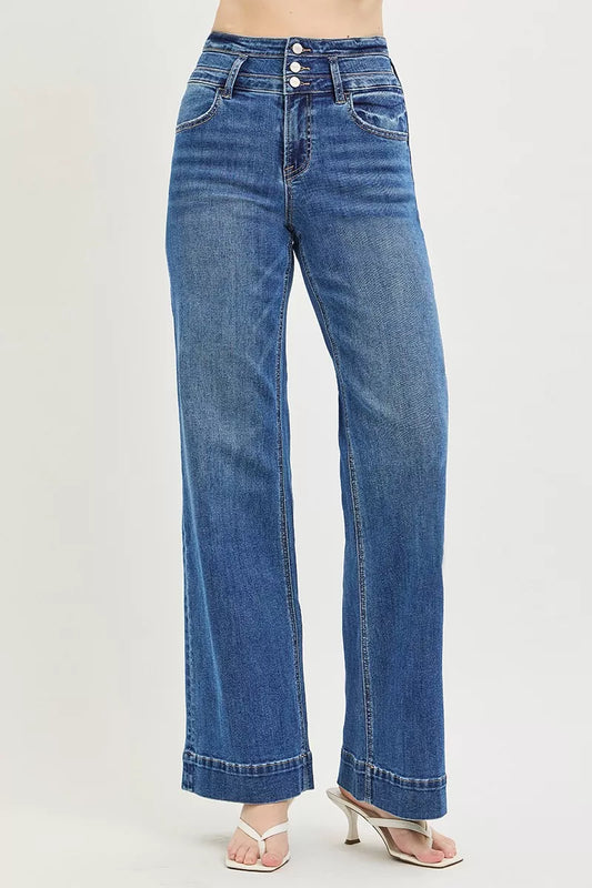 risen high rise RISEN High Rise Wide Leg Wide Band Detail Jeans view 2 (bottom) - shop at us.meeeshop