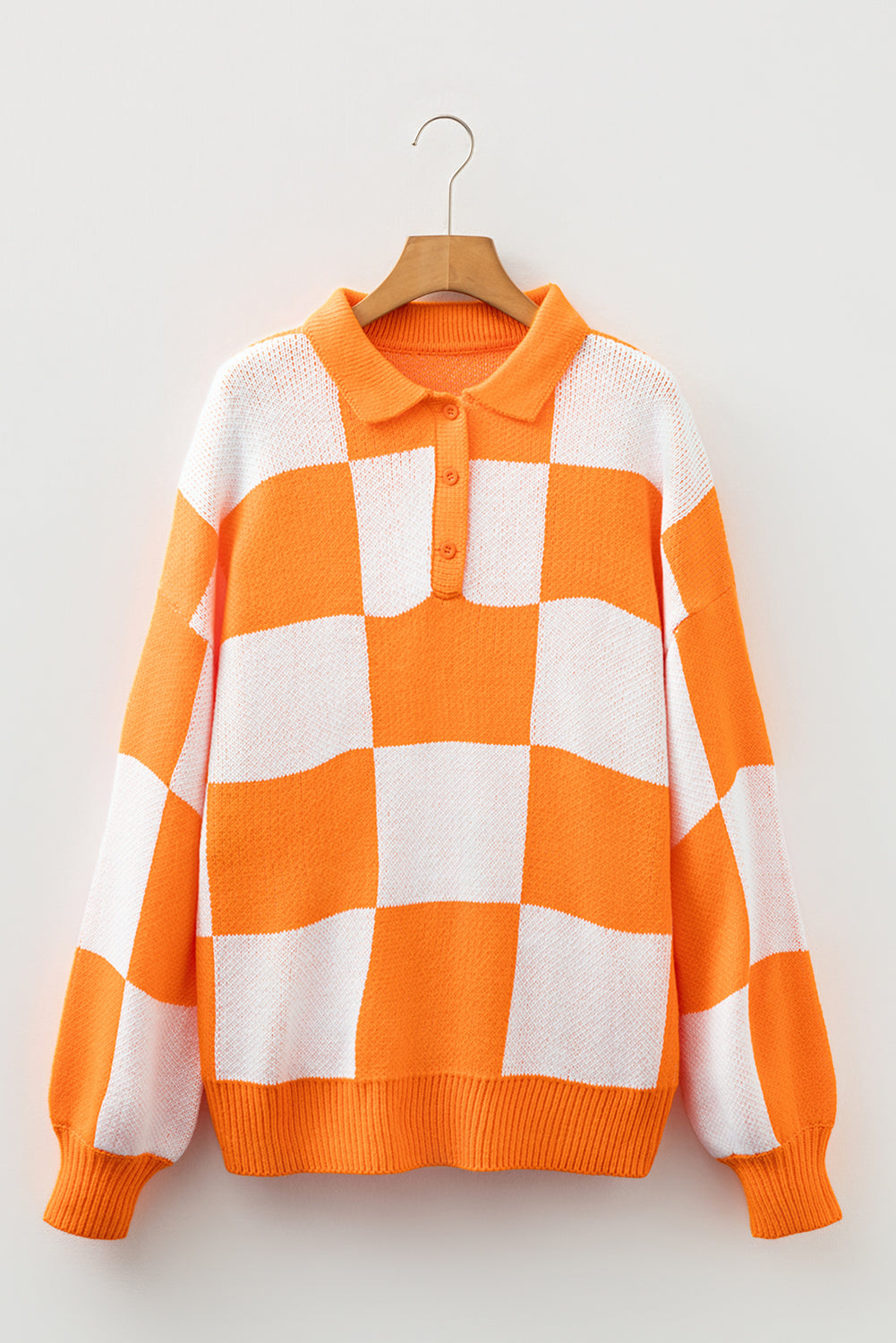 neck checkered sweater V Neck Checkered Sweater - Tangerine view 4 (layer) - shop at us.meeeshop
