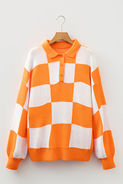 neck checkered sweater V Neck Checkered Sweater - Tangerine view 4 (layer) - shop at us.meeeshop