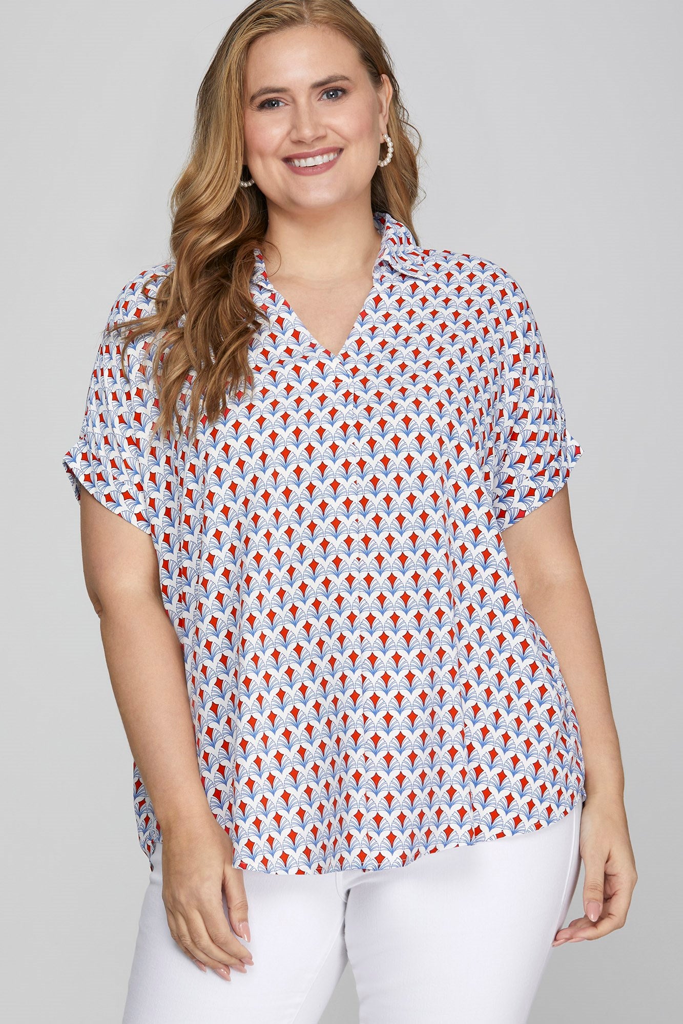 She + Sky | Printed Johnny Collar Short Sleeve Blouse Plus Size in Red - us.meeeshop