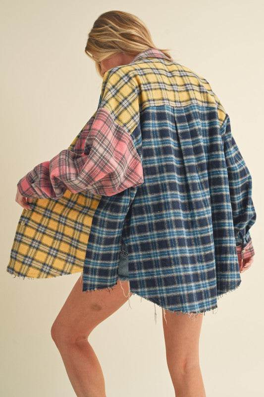 Aemi + Co Frayed Hem Color Block Plaid Drop Shoulder Shirt - us.meeeshop