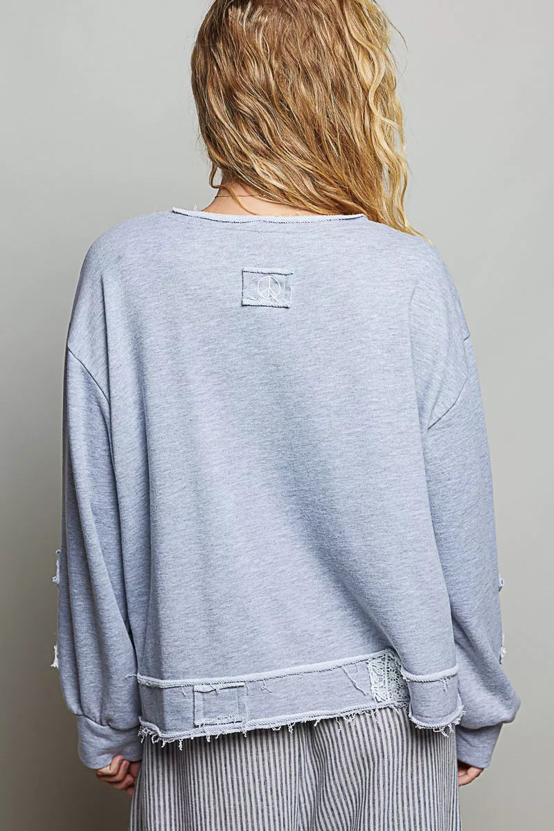 pol exposed outseam Pol Exposed Outseam Crochet Patch V-neck Sweatshirt with Open Wrap-style Design view 4 (top) - shop at us