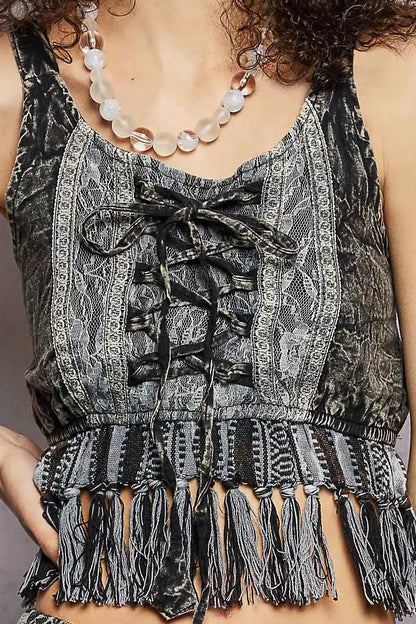 pol lace fringe Pol Lace-up Fringe Hem Tank with Lace Detail view 6 (top) - shop at us.meeeshop