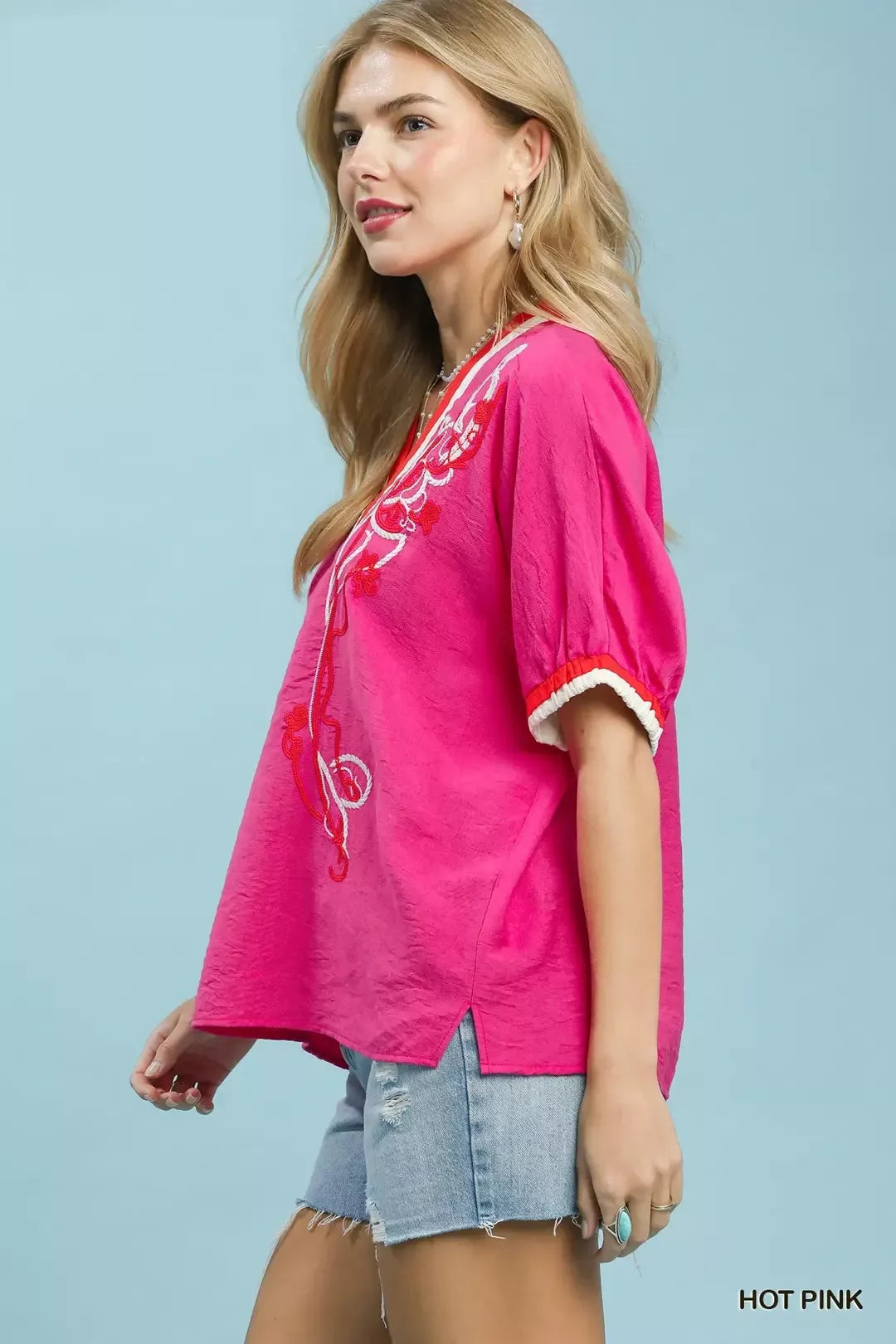 umgee embroidered floral Umgee Embroidered Floral V-neck Short Sleeve Blouse with Contrast Trim view 5 (top) - shop at us.mee