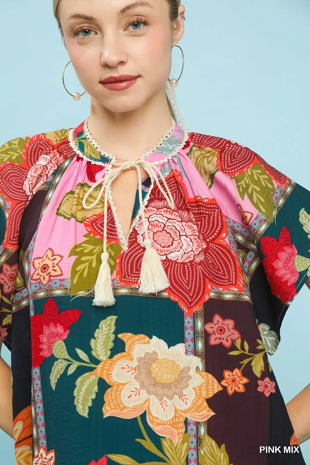 umgee mix floral Umgee Mix Floral Patchwork Tassel Tie Top view 5 (top) - shop at us.meeeshop