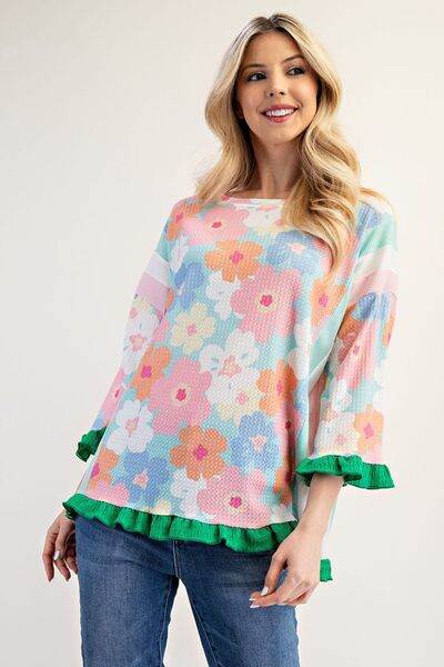 Celeste Floral Ruffle Hem Round Neck Blouse Plus Size - us.meeeshop