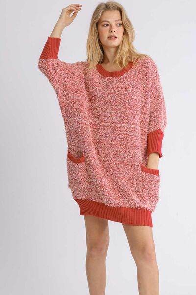 Umgee Ribbed Hem Round Neck 3/4 Sleeve Sweater Dress with Pockets Plus Size - us.meeeshop