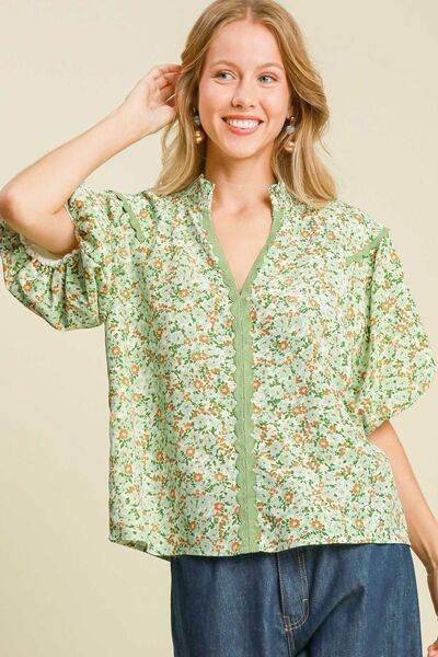 Umgee Floral Print Puff Sleeve Top Plus Size - us.meeeshop