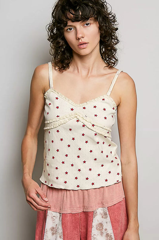 pol star printed POL Star Printed Lightweight Ribbed Knit Cami NATURAL MULTI (top) - shop at us.meeeshop