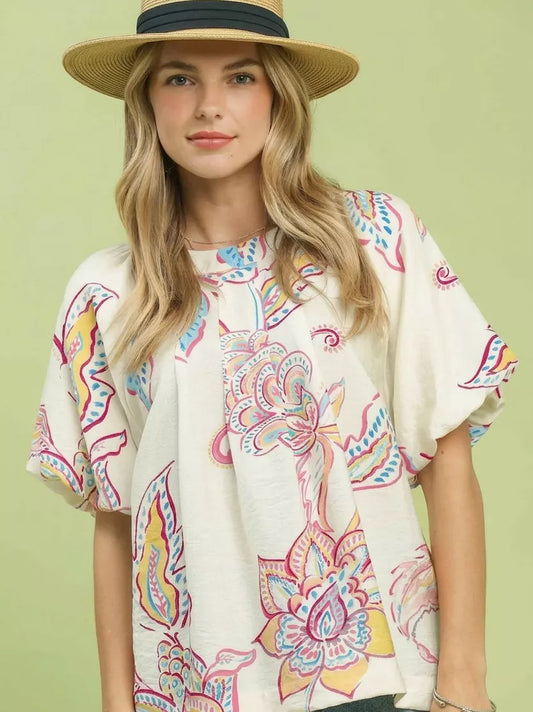Umgee Paisley Print Puff Sleeve Top (women's shirts & tops) - shop at us.meeeshop