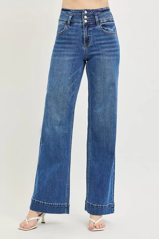 risen high rise RISEN High Rise Wide Leg Wide Band Detail Jeans Dark (bottom) - shop at us.meeeshop