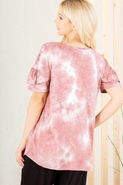 Heimish Full Size Ruffled Sleeve Tie Dye Top Plus Size - us.meeeshop